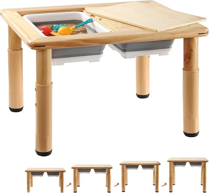 FUNLIO Wooden Sensory Table with 2 Bins for Toddlers 1-5, 4-Level Height Adjustable Kids Sensory Table with Anti-Warping Plywood Lid, Indoor/Outdoor Play Sand and Water Table, CPC Certified