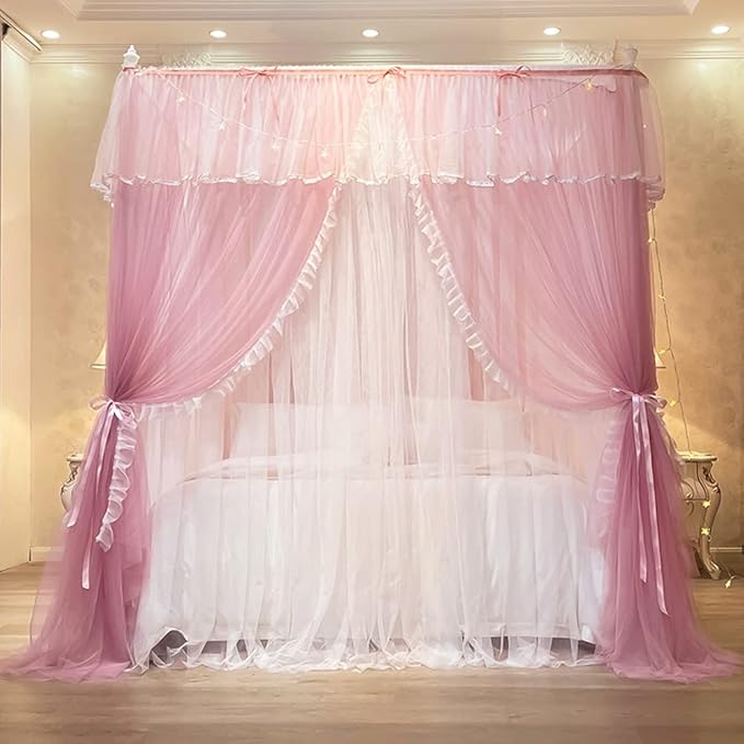 Mengersi Canopy Bed Curtains with Lights,4 Corner Bed Canopy Royal Luxurious Bed Drapes Netting,Princess Bed Curtains for Girls Adults Bedroom Decoration (Pink, King)