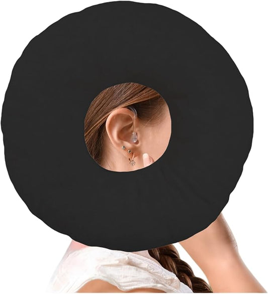Donut Pillow, Ear Piercing Pillow for Side Sleepers, Face Down Pillow, Small Donut Pillow with Ear Hole, Ear Relief for Ear Pressure and Pain, Ideal for Headphones (Black)
