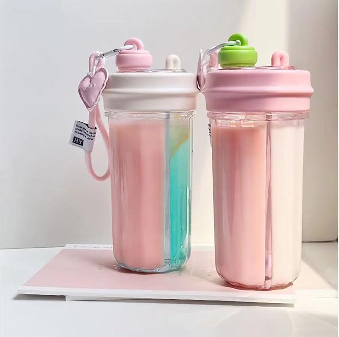 Creative Water Cup,One Cup of Two Different Drinks Two Straws Couple 850ml Outdoor Drinking Cup for Camping Hiking Backpacking Travel Office