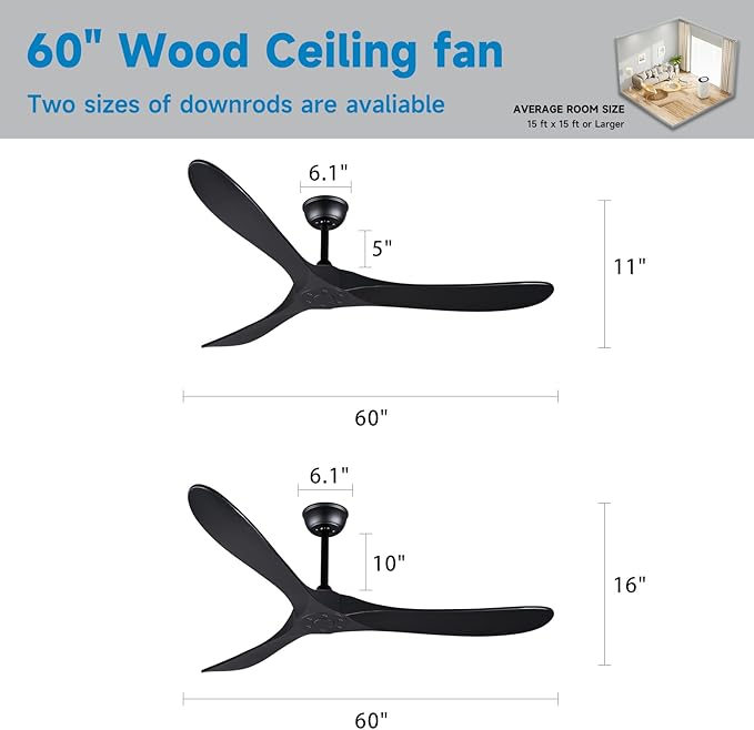 Bigzone 60" Black Ceiling Fan No Light, Energy Efficient DC Motor, 3 Brown Balsa Wood Blades, Wood Ceiling Fan with Remote Control, Reversible Blades