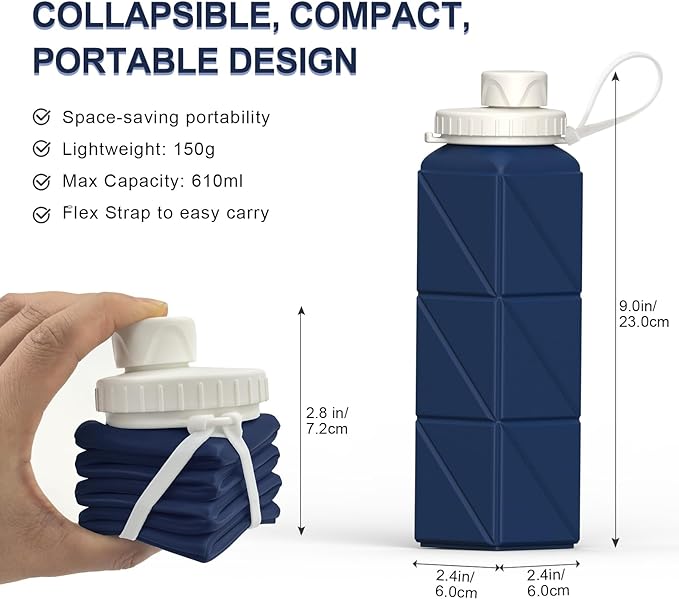 Collapsible Water Bottles, Silicone Foldable Portable Water Bottle 610ml, Lightweight Reusable Leakproof for Travel Camping Hiking Cycling Yoga Sports Outdoor
