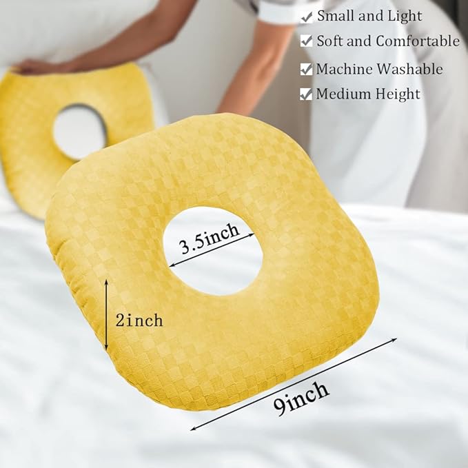 Ear Piercing Pillow for Side Sleepers, Pillow with an Ear Hole for CNH and Ear Pain Ear Inflammation Pressure Sores, O-Shaped Side Sleeping Pillow, Ear Guard Pillow(Yellow)