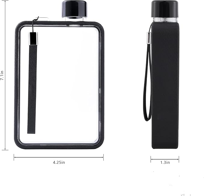 Flat Water Bottle, Portable A5 Water Bottle, 13oz Flat Travel Flask for Camping Fitness Gym (Black)