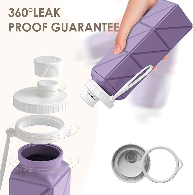 INNERNEED Collapsible Water Bottle, Reuseable BPA Free Silicone Foldable Water Bottles for Travel Gym Camping Hiking, 20.6 fl.oz, Portable, Food-Grade, Leak Proof (1 Pack, Purple)
