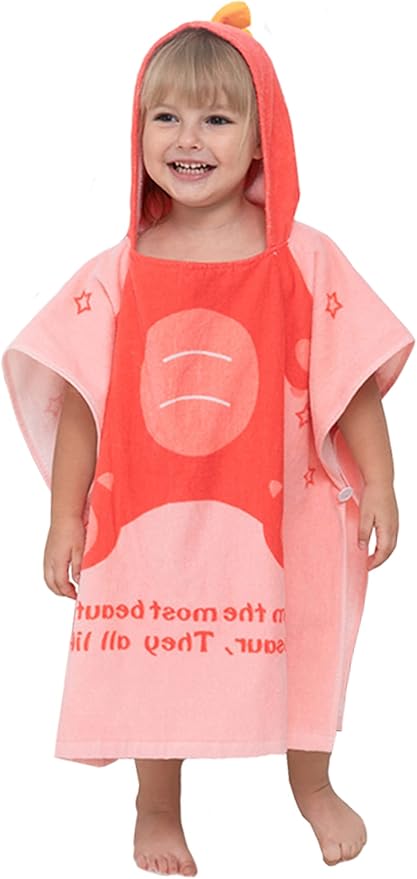TONWHAR Kids Bath/Pool/Beach Hooded Poncho Towel-Cartoon Animal Pattern Cotton Beach Towel for Baby and Kids (Pink Dinosaur, 1-4 Years/Height:33.4"-43.3")