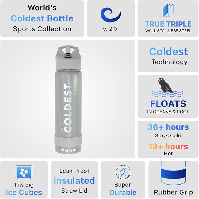 Coldest Sports Water Bottle with Straw Lid Vacuum Insulated Stainless Steel Metal Thermos Bottles Reusable Leak Proof Flask for Sports Gym (24 oz, Supernova Silver Glitter)