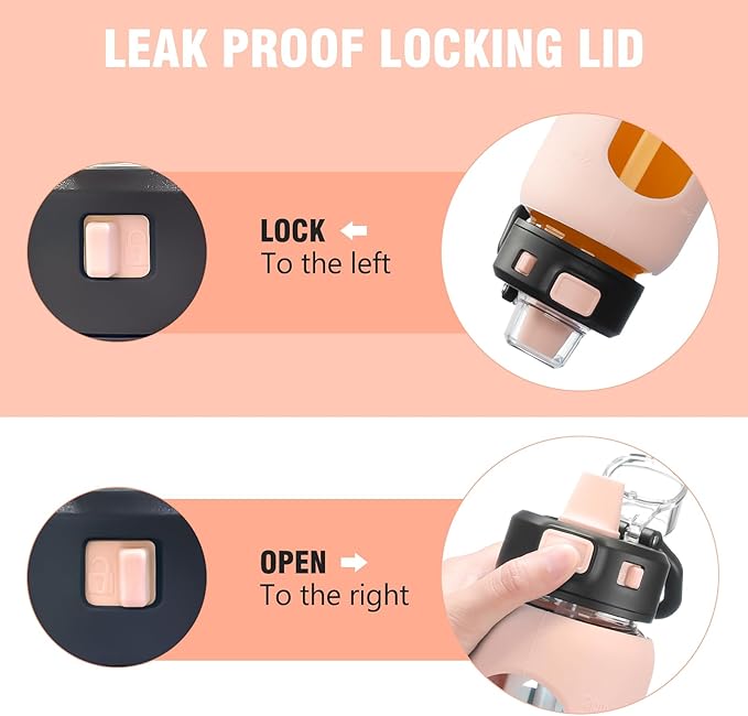 Kodrine 32 oz Glass Water Bottle with Soft Silicone Spout, Locking Lid, and Carry Loop, Pink