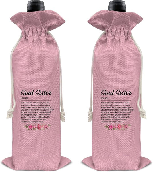 HOIJAUMAI Soul Sister Gift Friendship Gift Soul Sister Definition Wine Bag Soul Sister Wine Gift Bags for Women Best Friends Bestie BFF (Pink)