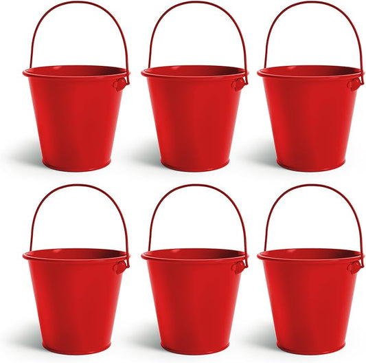 Small Metal Buckets with Handle 6 Pcs – Galvanized Bucket Leak Proof & Rust Resistant 48 fl oz Capacity - Best for Party Décor, Christmas & Decorating Classrooms (Red, Large 6.3" Top)