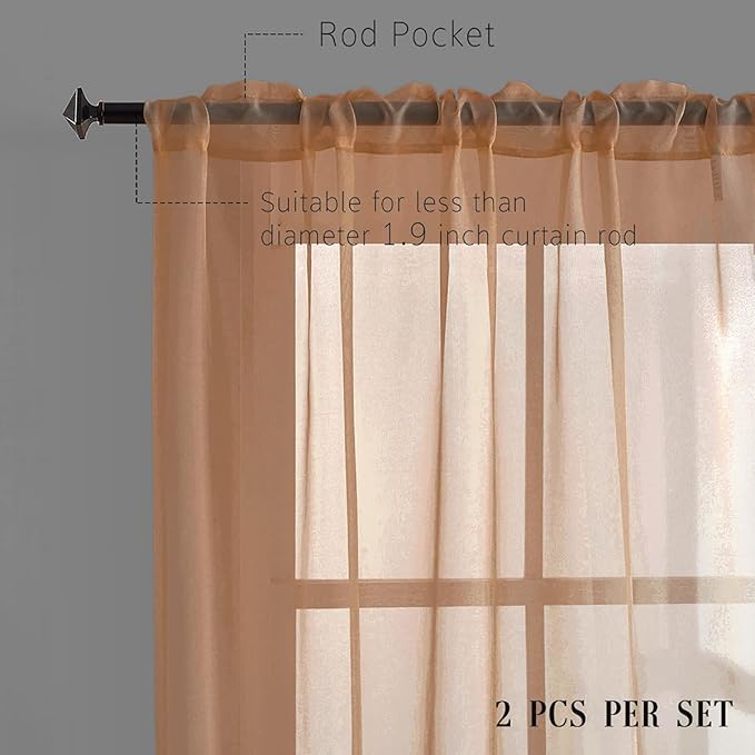 Sheer Curtains for Living Room Bedroom 63 Inch Length Brown Rod Pocket Sheer Voile Curtains Brown Sheer Drapes Kids 52x63 Inches Long 2 Panels