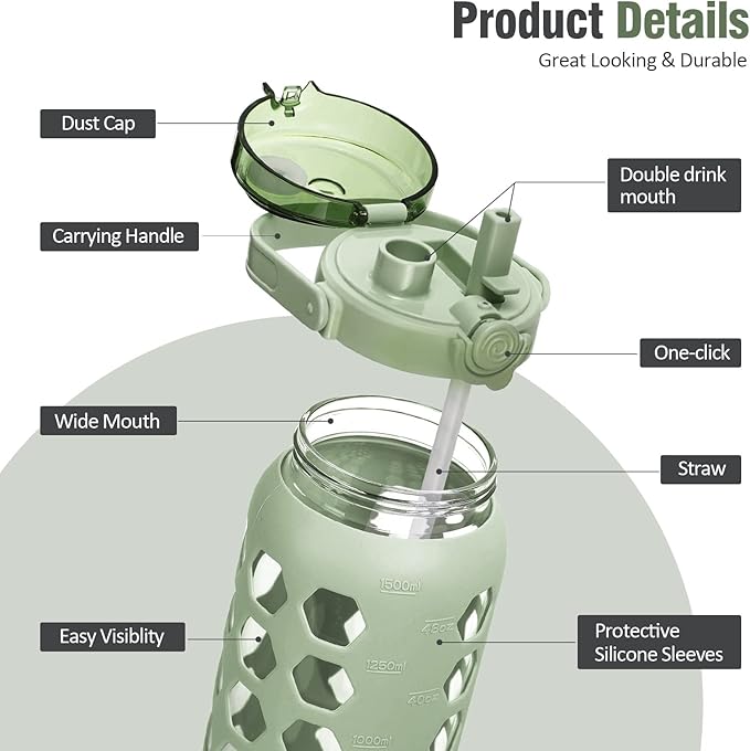 MUKOKO 56oz Glass Water Bottles with Straw and Lid,Motivational Water Jug with Time Marker Reminder and Silicone Sleeve,100% Leakproof BPA Free Fitness Sports Large Bottle-Green