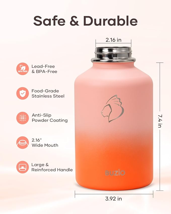 Half Gallon Water Bottle, BUZIO 64 oz Insulated Stainless Steel Water Bottles with Straw Lid Leak Proof water jug, Keep Cold 48H Lead-Free Double Wall Vacuum Metal Mug for Sport Camping Beach, Orange