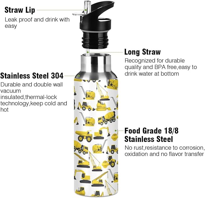 Construction Truck Excavator Bulldozer Stainless Steel Water Bottle with Straw Lid - 20 Oz Sports Insulated Water Bottle Thermos for Sport Gym Outdoor Travel School
