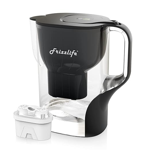 Frizzlife Water Filter Pitcher, Large 10 Cup Purifier with Filter Life Remind, Long Lasting, Adjustable Filtration Speed, Reduces Chlorine, Heavy Metals, Fluoride, Bad Taste & Odor, Dark
