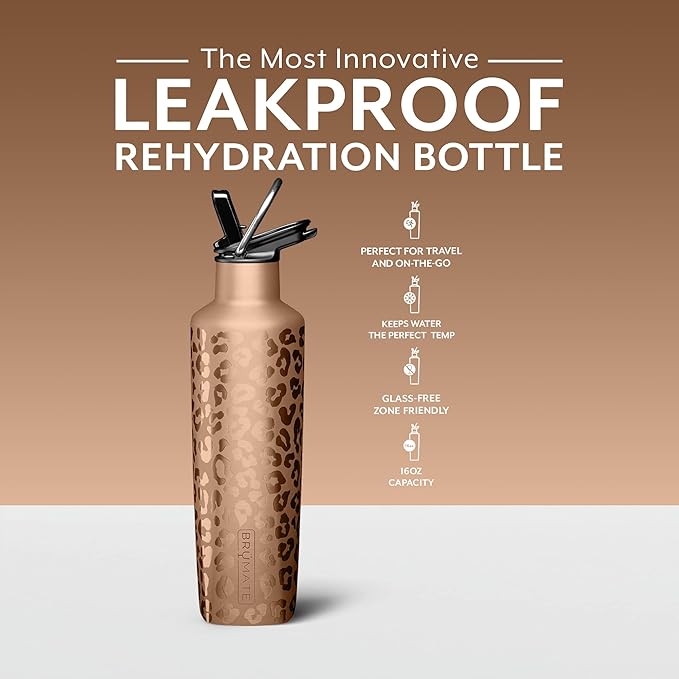 BrüMate ReHydration Mini Kids Water Bottle | 100% Leakproof Insulated Water Bottle for Kids with Straw | Stainless Steel Water Canteen | Perfect Kids Water Bottle for School | 16oz (Gold Leopard)