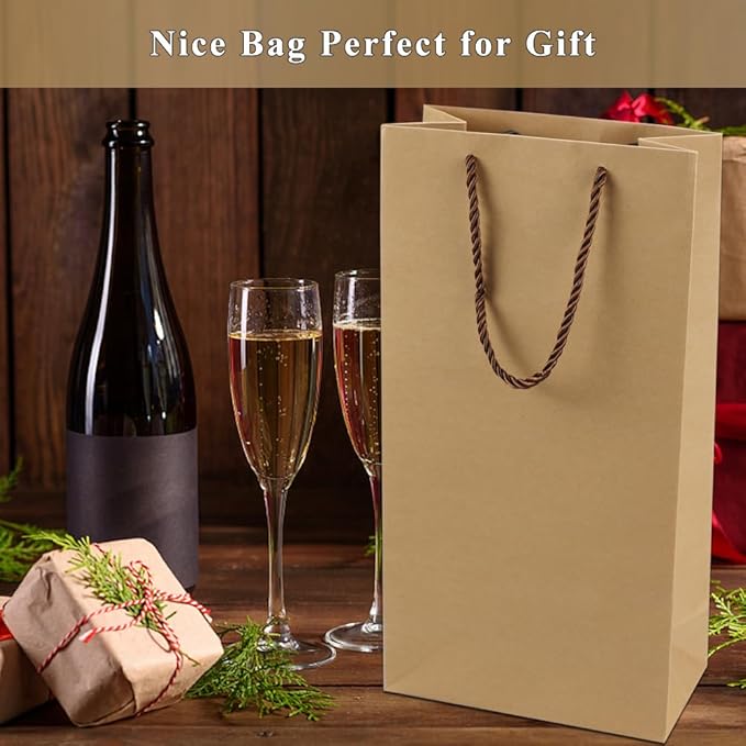 Prembag Kraft Paper Wine Bags for Double Wine Bottle,Double Wine Gift Bags, 7"x 3.5"x13.8" Whiskey/Liquor Wine Bottle Bags For Gifts, 2 Bottle Wine Bags with Rope Handles,4 Pcs