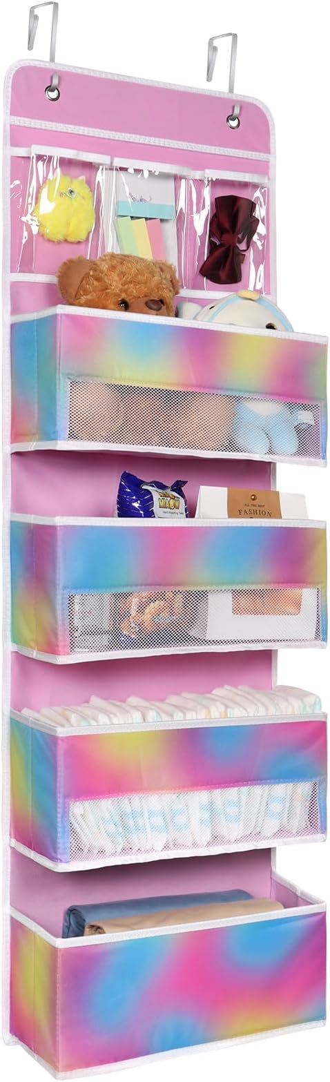 Univivi Door Storage Organizer Nursery Over the Door Organizer Baby Storage with 4 Large Pockets and 3 Small PVC Pockets for Baby Girls Room Toys and Sundries Organization