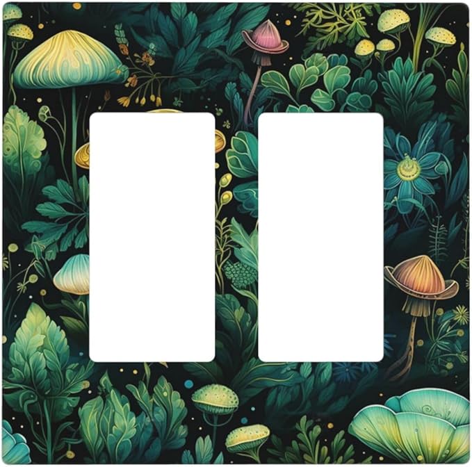 Green Dark Forest Mystical Mushroom 2 Gang Rocker Decora Light Switch Covers Dual Outlet Covers Wall Plate Decorative Switchplate Electrical Faceplate GFCI for Country Bathroom Bedroom Decor