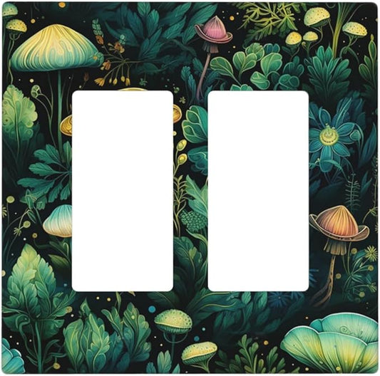 Green Dark Forest Mystical Mushroom 2 Gang Rocker Decora Light Switch Covers Dual Outlet Covers Wall Plate Decorative Switchplate Electrical Faceplate GFCI for Country Bathroom Bedroom Decor