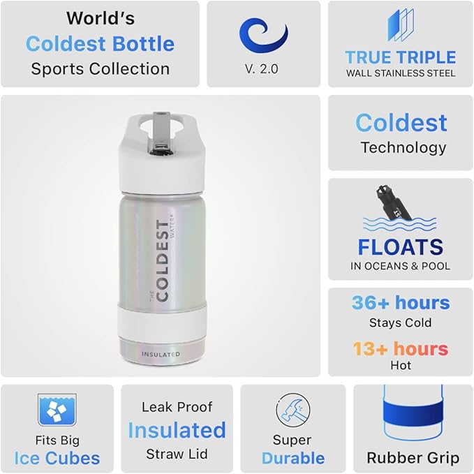 Coldest Sports Water Bottle - Straw Lid Bottle with Handle Leak Proof, Vacuum Insulated Stainless Steel, Double Walled, Thermo Mug, Metal | Cosmic Ice 14 oz