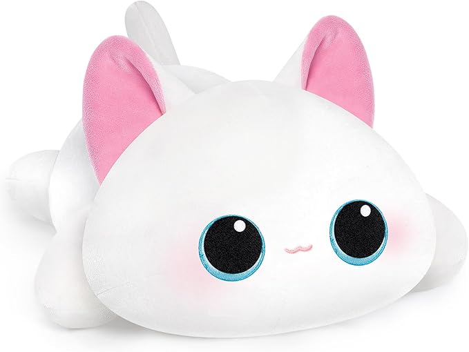 Cute Cat Plush Pillow, Kawaii Plushies White Cat Stuffed Toys, Squishy Plushies, Cuddle Body Pillow for Kids & Girls