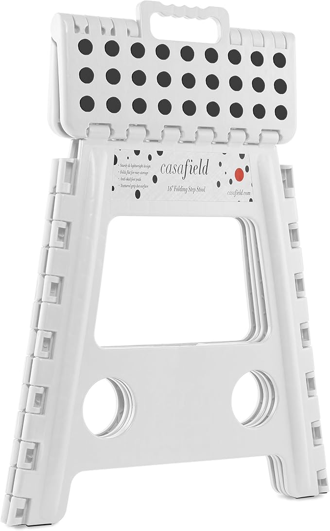 Casafield 16" Folding Step Stool with Handle, White - Portable Collapsible Small Plastic Foot Stool for Adults - Use in The Kitchen, Bathroom and Bedroom