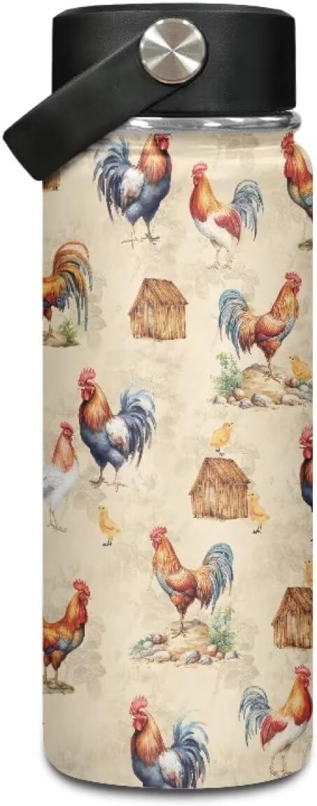 Chicken Insulated Water Bottles with Handle Stainless Steel Metal Water Bottle, Cold & Hot Water Bottle 18 Oz, Leak Proof Travel Cup