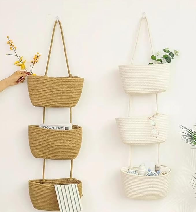 Hanging Baskets for Organizing,Bathroom Organizers and Storage,3-Tier Woven Cotton Wall-Mounted Storage Organizer Bag Decorative,Kitchen,Living Room,Bedroom
