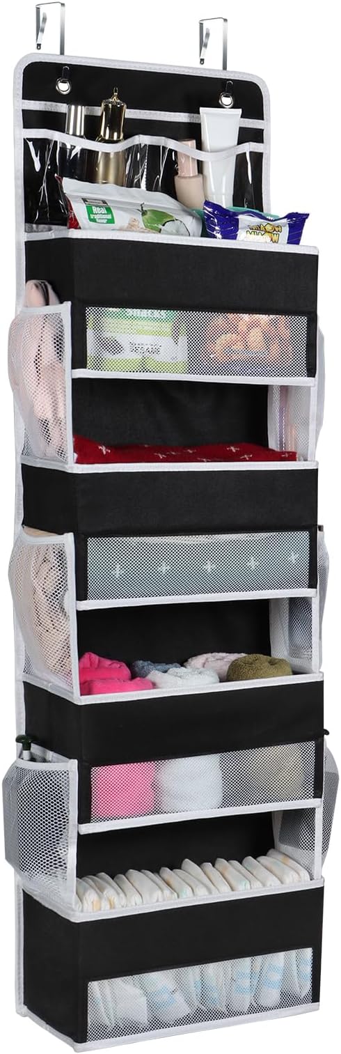 Univivi Over the Door Organizer, Door Hanging Organizer Nursery Door Storage with 4 Large Compartments and 2 Small PVC Pockets 6 Side Pockets for Bathroom,Cosmetics and Nursery Baby Essential - Black