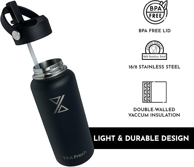 Yaa Fresh 32Oz BPA-Free 24 Hr Cold/12 Hr Hot Insulated Stainless Steel Sports Water Bottle with Straw and Lid, Food-grade Double Walled, Leakproof, Insulated Thermos, Wide Mouth for Men, Women & Kids