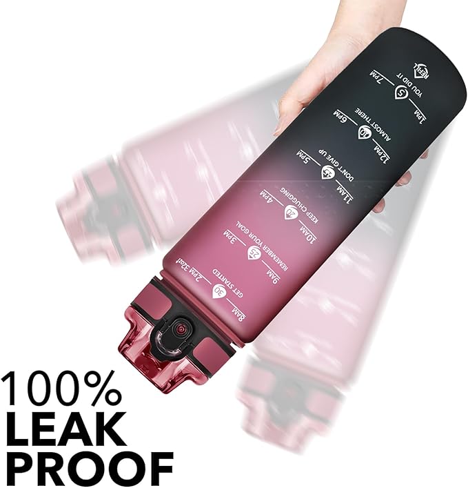 GOSWAG Water Bottles, 32 oz Motivational Sports Water Bottle with Straw and Time Marker to Remind You to Drink, Comes with Carry Strap, Leakproof