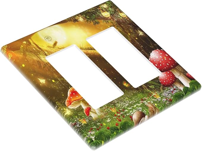 Red Mushroom Forest Fairy Moon Butterfly 2 Gang Rocker Decora Bohemian Light Switch Covers Decorative Dual Outlet Covers Wall Plate Electrical Faceplate Switchplate GFCI for Kidroom Nursery