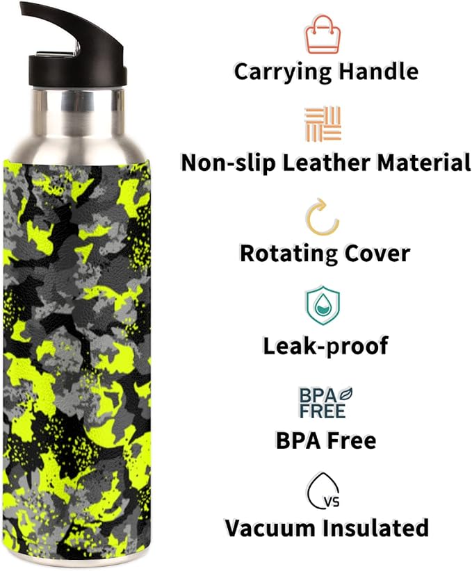 Fluorescence Camo Stainless Steel Sports Water Bottle with Straw, 32 oz Vacuum Insulated Cup, Keeps Hot Cold Canteen Water Bottles For Cycling Travel Hiking