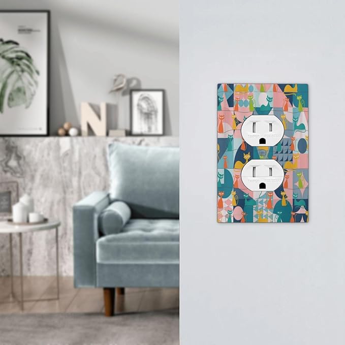 Mid Century Modern Atomic Cute Cats Single Duplex Wall Plate Covers Light Switch Cover 1 Gang Outlet Plate Decorative Switchplate Covers Electrical Faceplate for Kidroom Nursery Bedroom Decor
