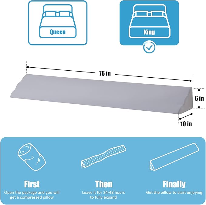 King Bed Wedge Pillow for Headboard, Foam Pillow Wedge for Headboard Gap, Mattress Bed Gap Filler King, Triangle Pillow Wedge, Anti-slip Bed Crack Pillow Space Filler King (76"×10"×6") Grey