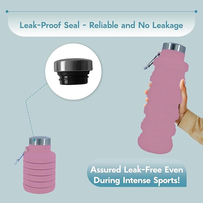 Collapsible Water Bottles 17oz, Odorless BPA-Free Silicone, Leak-Proof Foldable Reusable Bottle - Perfect for Travel Sports Gym Hiking Camping Cycling - Pink