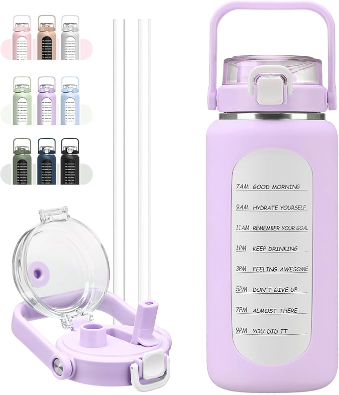 BLUEGO 64oz Insulated Water Bottle with Straw and Handle Leakproof Half Gallon Wide Mouth Motivational Water Bottle, 2-IN-1 Straw Spout Lid Stainless Steel Water Jug for Sport Travel Gym-Purple