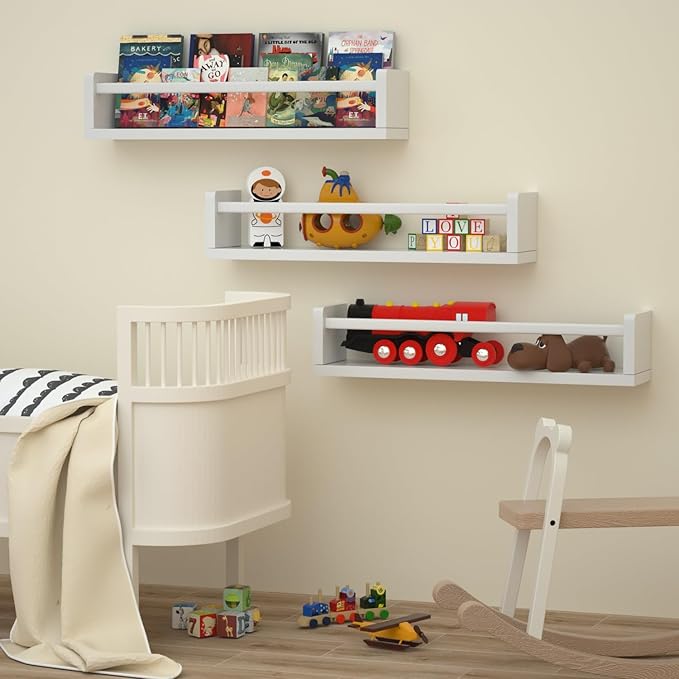 Nursery Floating Shelves for Kids Room, Set of 3 Wall Book Shelves for Kitchen Living Room, Book Shelf Wall Mounted for Baby Kids Bedoom Bathroom (White, 24inch Set 3)
