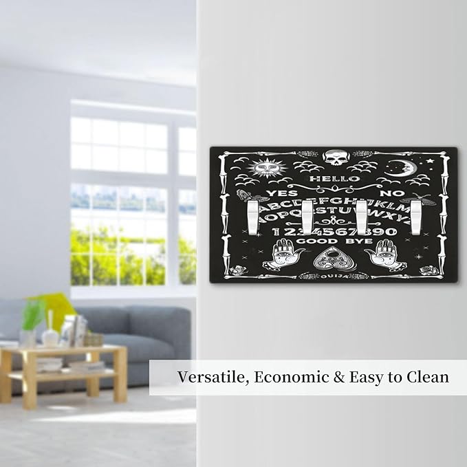 Black Witchy Skeleton Skull Gothic Sun Moon Quad Toggle Novelty Light Switch Covers Decorative Unique 4 Gang Wall Plate Electrical Faceplate Switchplate for Bedroom Bathroom Decor