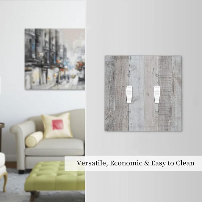 Rustic Grey Wood Shiplap Double Toggle Light Switch Cover Decorative Vintage Country 2 Gang Wall Plate Electrical Faceplate Switchplate for Farmhouse Bathroom Bedroom Livingroom Kitchen Decor