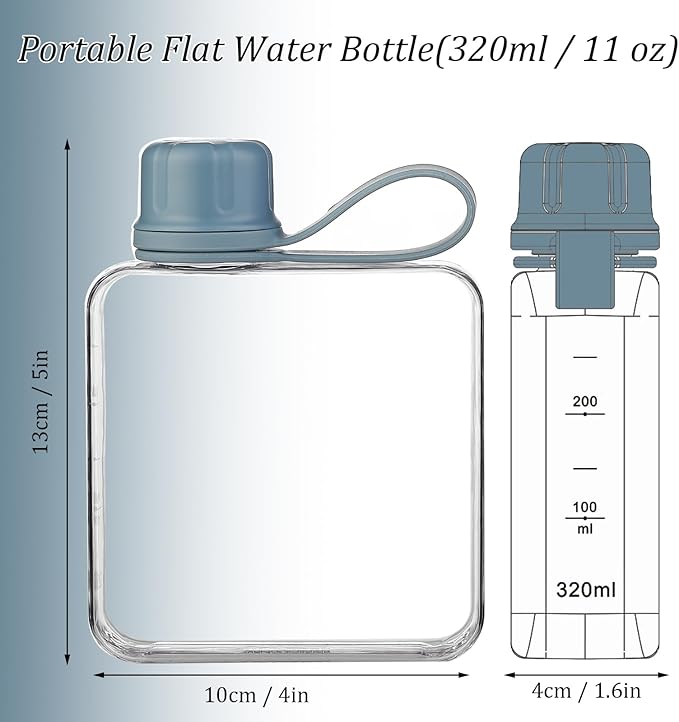 Tritan Transparent Flat Water Bottle samll Water Bottle Slim Square Pocket Bottle Water Flask, BPA Free/Slim Design/Leak Proof Water Bottle for Travel, Outdoor, Sports (Light Blue, 320ML)