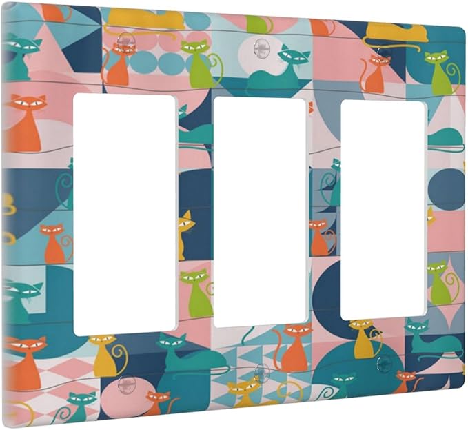 Mid Century Modern Atomic Cute Cats 3 Gang Rocker Light Switch Covers Triple Outlet Wall Plate Decorative Switchplate Cover Faceplate GFCI for Kidroom Nursery Bedroom Decor