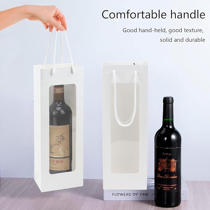 Ssyuysto 12 Pcs White Wine Gift Bags With Handle for Wine Bottles Gifts,4.9"x3.34"x14.1" Sturdy Kraft Paper Wine Bags With Window for Wedding Anniversary Birthday Party Christmas Thanksgiving