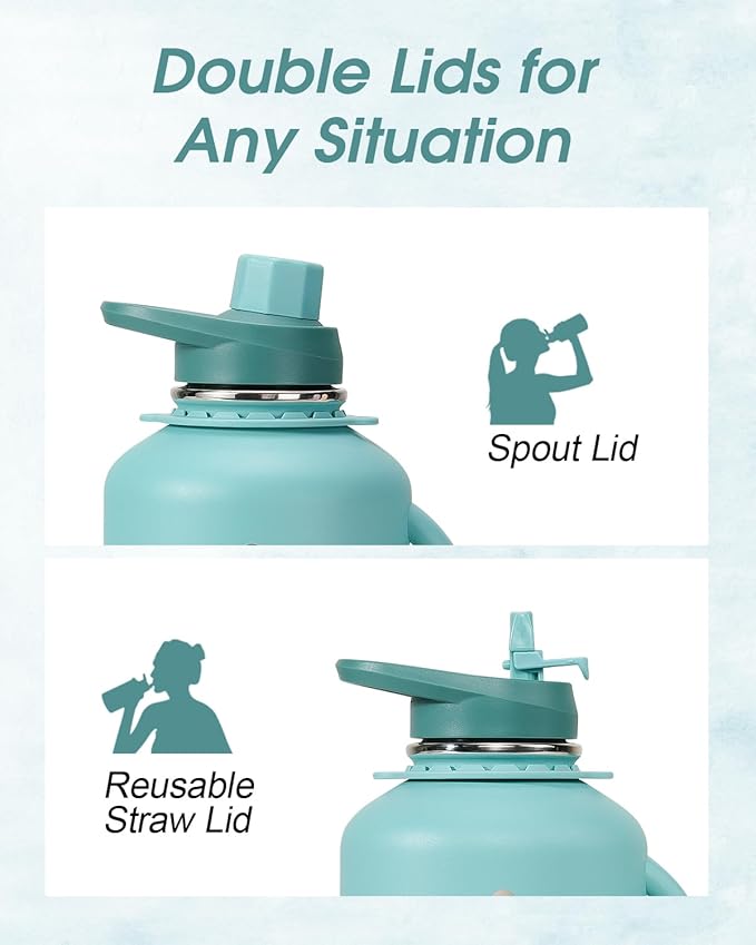 Half Gallon Water Bottle Insulated, Coolflask 64 oz Insulated Stainless Steel Water Jug Metal Double-Walled Vacuum Large Flask With Strap Straw Leakproof, Keep Cold 48 Hrs Hot 24hrs, Green