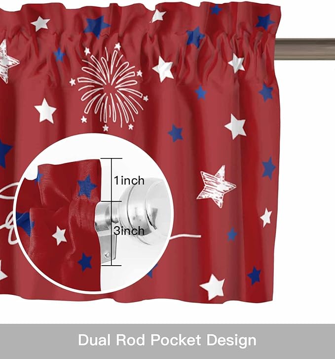 Patriotic 4th of July Kitchen Curtains Valances for Windows Red White Blue Stars Freedom Rod Pocket Window Treatment for Kitchen /Living Room/Bedroom/ Bathroom, 54" X 18", Memorial Day Summer
