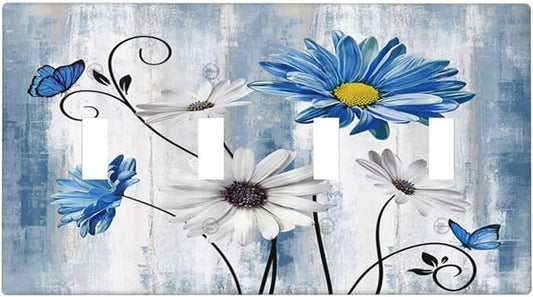 Rustic Teal Blue Daisy Floral Farmhouse Quad Toggle Light Switch Covers 4 Gang Wall Plate Decorative Switchplate Electrical Faceplate for Country Bathroom Bedroom Kitchen Decor