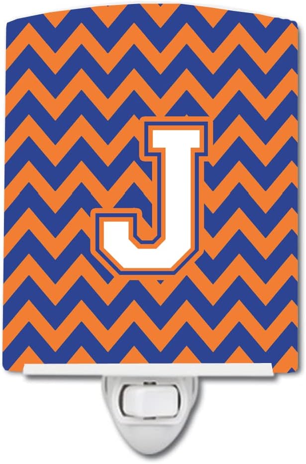 Caroline's Treasures CJ1060-JCNL Letter J Chevron Blue and Orange #3 Ceramic Night Light Compact, UL-Certified, Ideal for Bedroom, Bathroom, Nursery, Hallway, Kitchen, 6x4x3, Multicolor