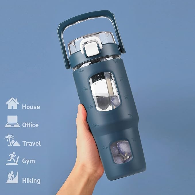 BLUEGO 32oz Glass Water Bottle with Handle and Straw|Leakproof Sports Glass Bottle with Time Marker and Silicone Sleeve|Glass Drinking Bottle for Travel, Gym, Workout, Dark Blue