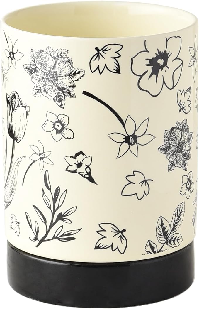 Small Utensil Holder for Kitchen Counter H5.9 x W4.1”, Ceramic Floral Cooking Utensil Crocks Countertop Organizer with Flowers